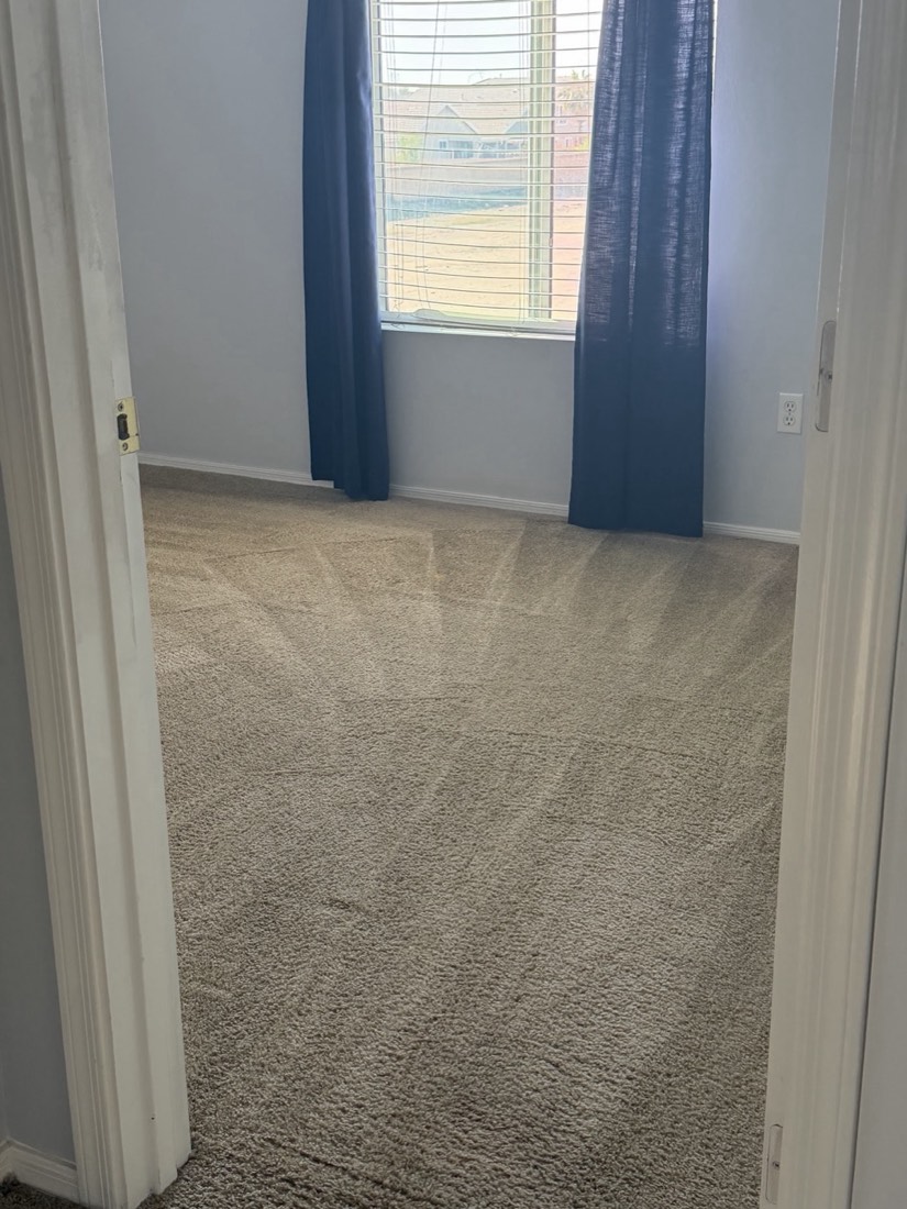 A bedroom with blue curtains and clean carpet